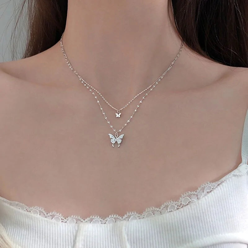 925 Sterling Silver CZ Butterfly Necklace: Double Layer Dainty Jewelry