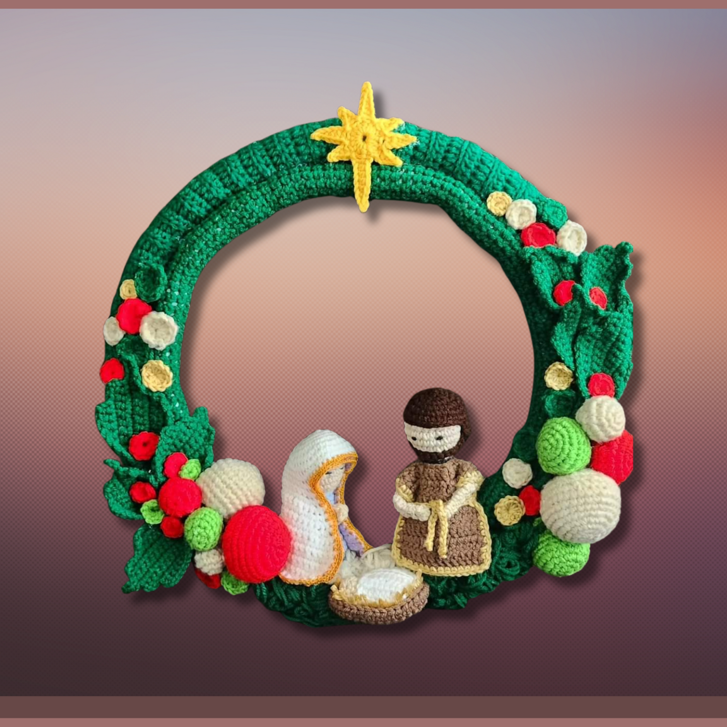 Crochet Christmas wreath with birth of Jesus.