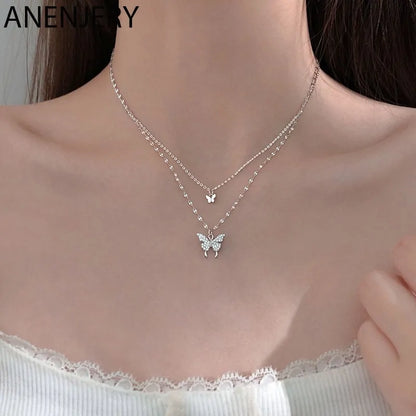 925 Sterling Silver CZ Butterfly Necklace: Double Layer Dainty Jewelry